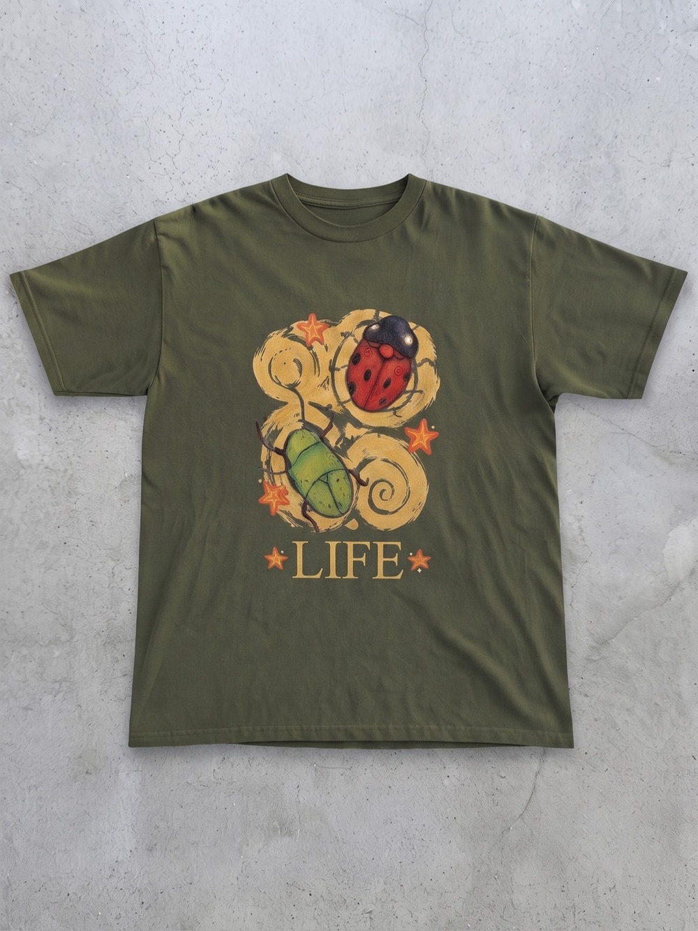 Vintage Ladybug & Beetle Graphic Tee - Olive Green Art T-Shirt (Gildan)